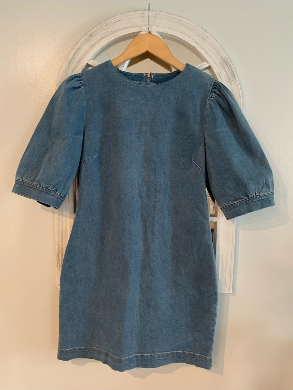Aqua Light Blue Denim Mini Dress with Puff Sleeves